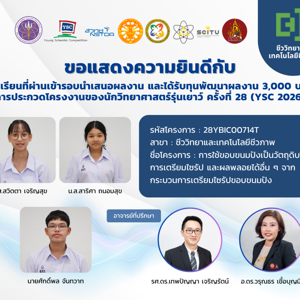 ขอแสดงความยินดีกับนักเรียนที่ผ่านเข้ารอบนำเสนอผลงาน YSC 2026